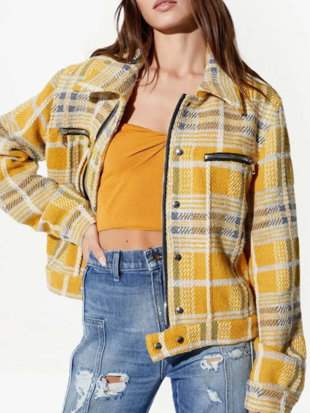 RTA Offseids Ivana Check Bomber Jacket - L (MSRP $595)